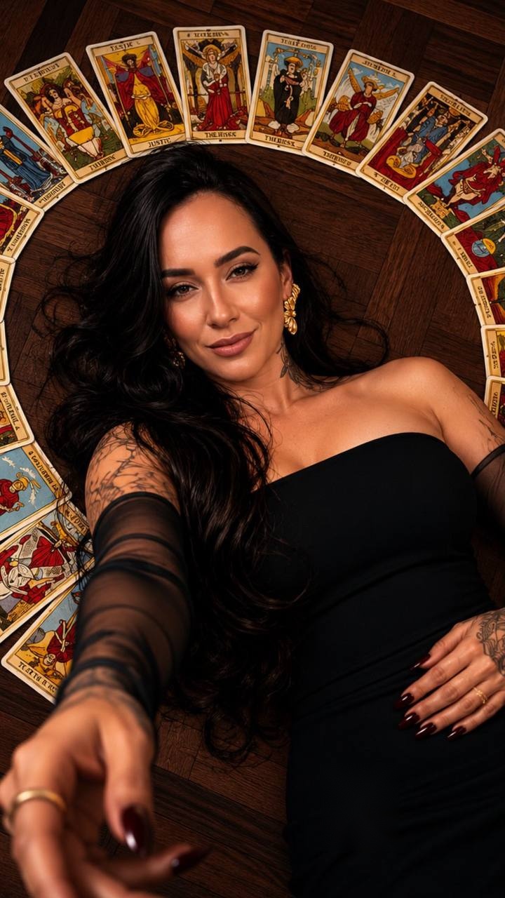 Carol Roza rodeada pelas cartas do baralho cigano